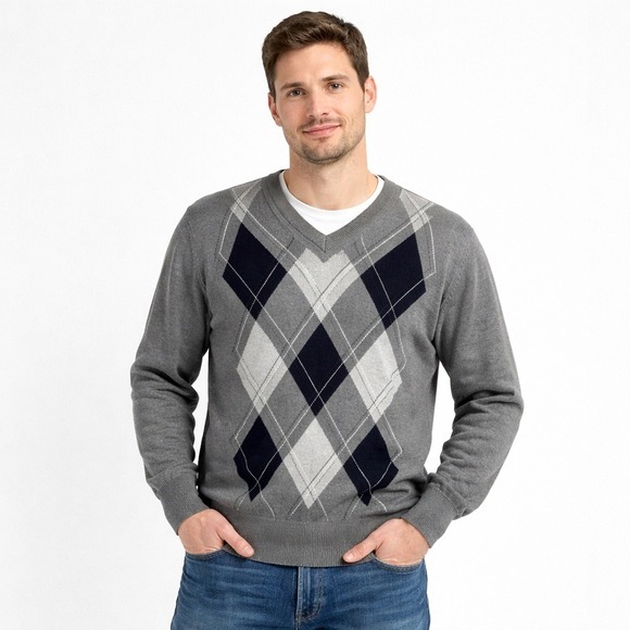 Mario Gilberti Other - Mario Gilberti Argyle Sweater‎ Mens L Grey Navy Merino Wool V-Neck Made in Italy